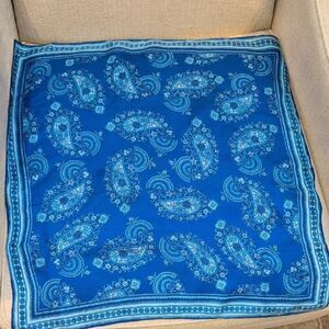 Vintage Sally Gee Blue Paisley Square Scarf Silk Blend with Rolled Edges